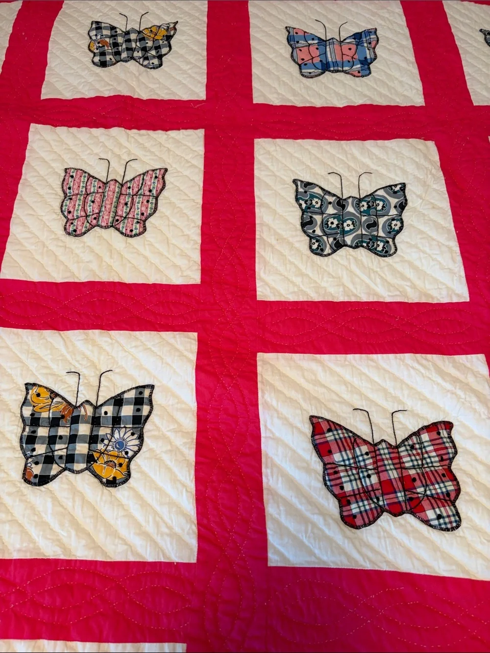 Vintage  handcrafted Butterfly Patchwork Quilt - Pink and White